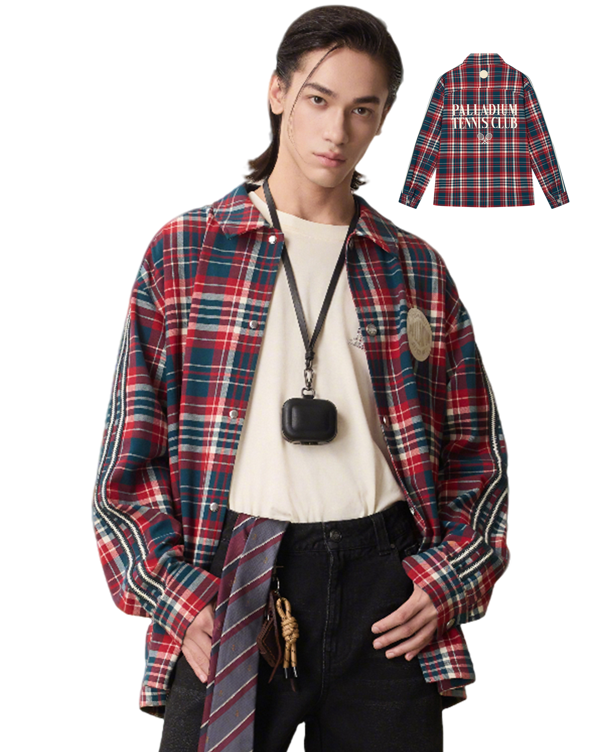 1011260-728 | MEN'S PALLADIUM LOGO LOOSE FIT CHECKED SHIRT | RED BLUE PLAID